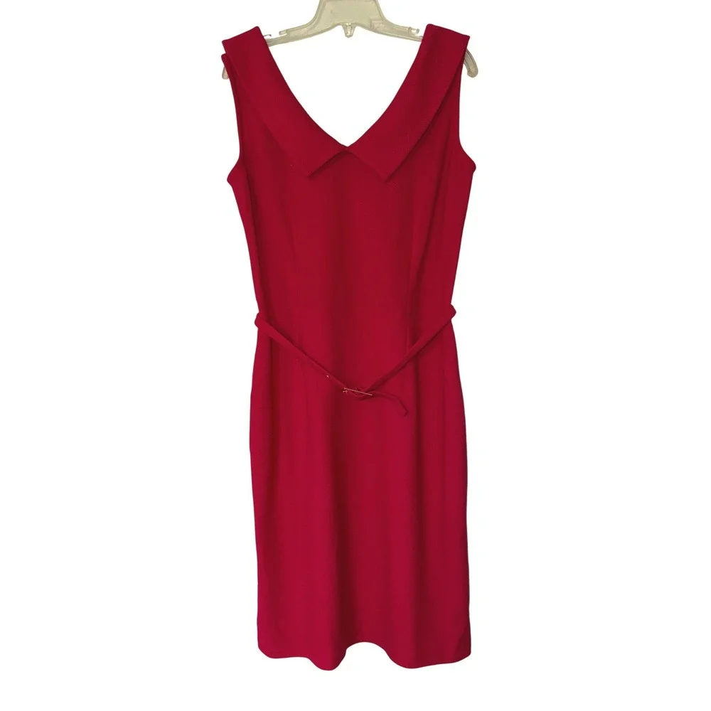 St John Collection Red Santana Knit Portrait Collar Belted Sheath Dress Size‎ 10
